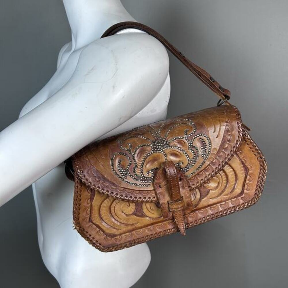 VTG 70s Hand Tooled Satchel Bag Cliftons Western Spain‎ Floral Brown top handle